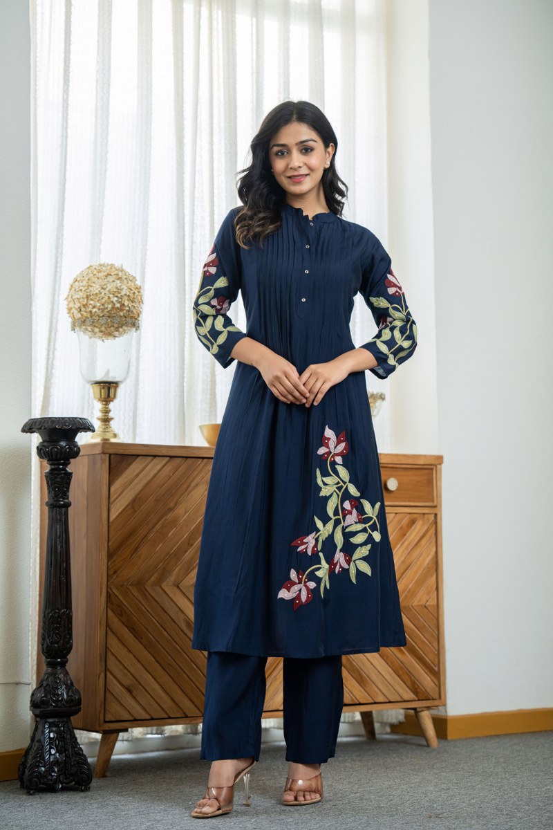 Elegant Pleated Cotton Kurta Set with Heavy Embroidery & Sequins | Kurti + Pant