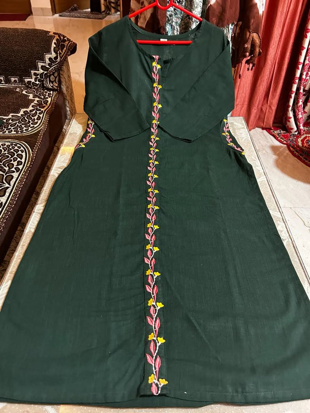 Bottle Green Handloom Cotton A-Line Suit Set For Women