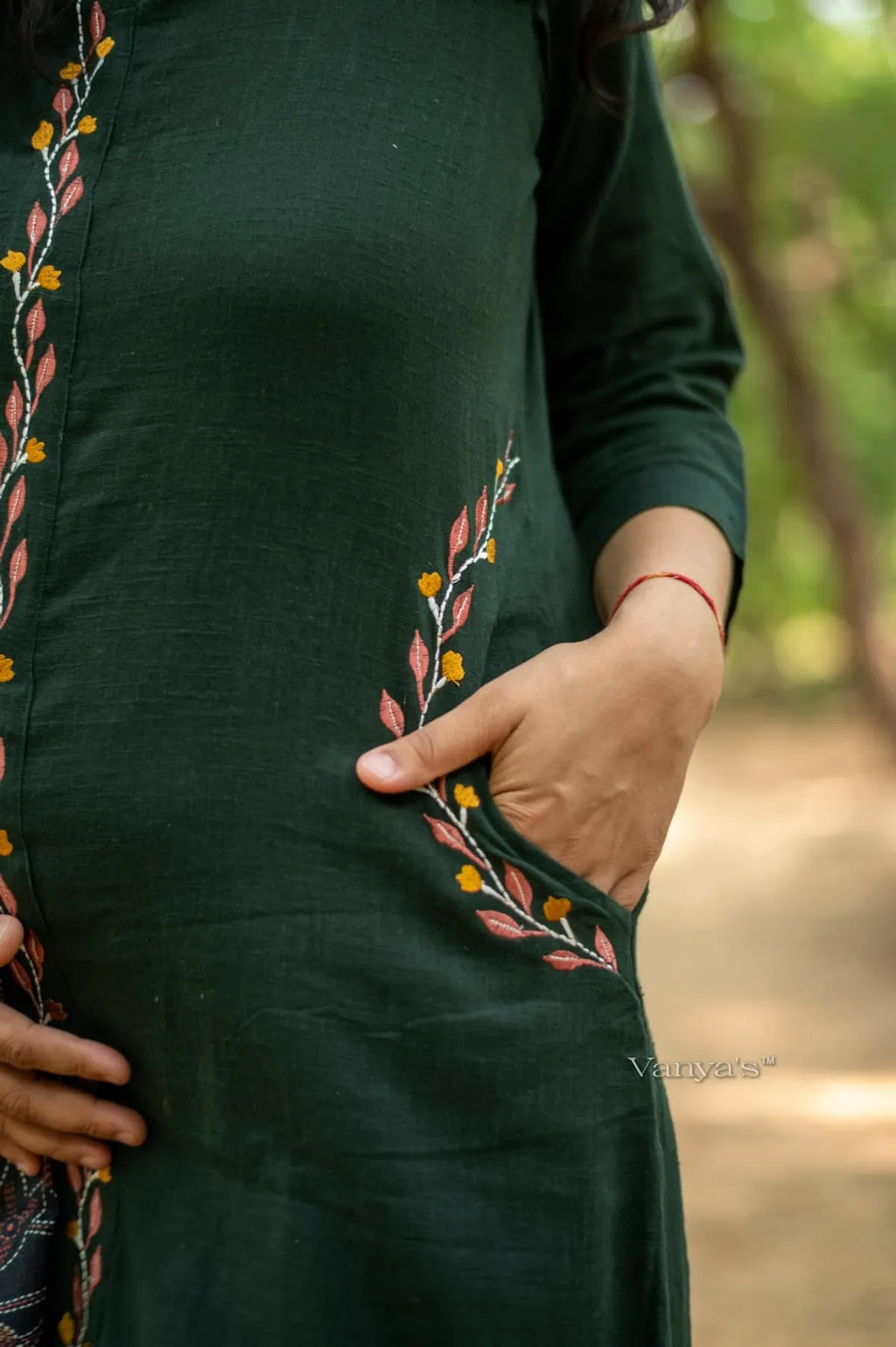 Bottle Green Handloom Cotton A-Line Suit Set For Women