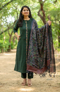 Bottle Green Handloom Cotton A-Line Suit Set For Women