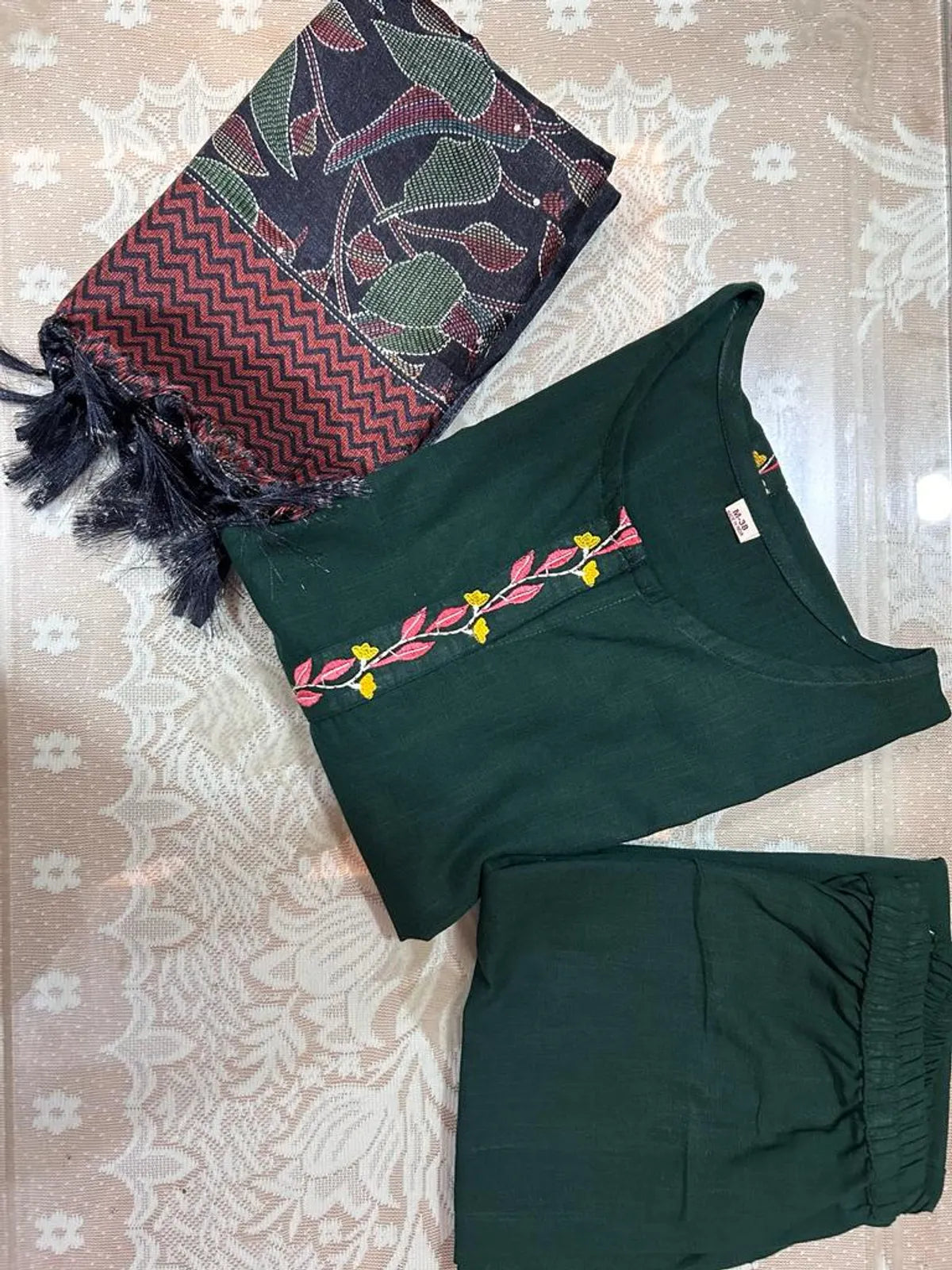 Bottle Green Handloom Cotton A-Line Suit Set For Women
