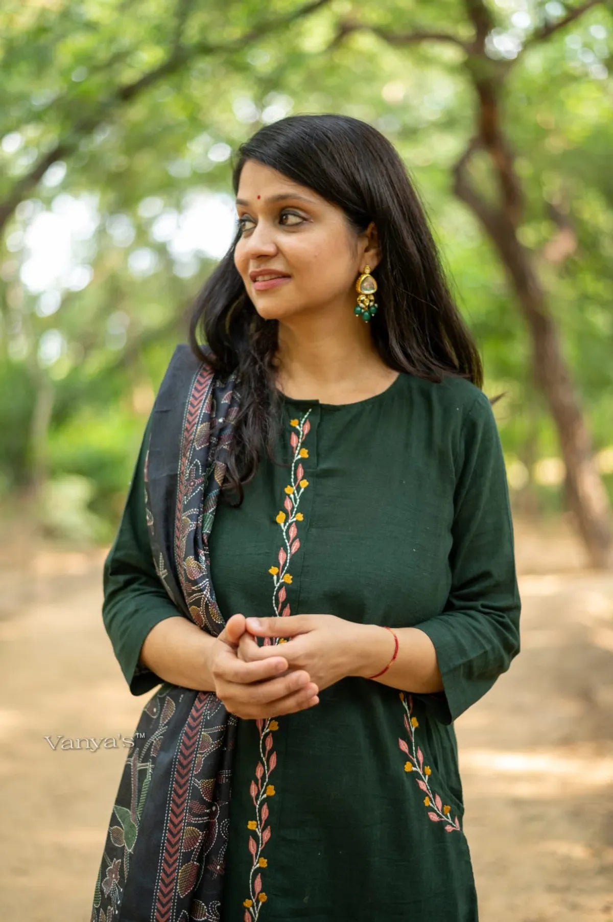 Bottle Green Handloom Cotton A-Line Suit Set For Women