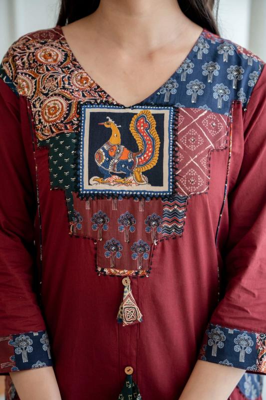 Women's Applique Work Cotton Kurta Pant & Printed Dupatta Ethnic Set
