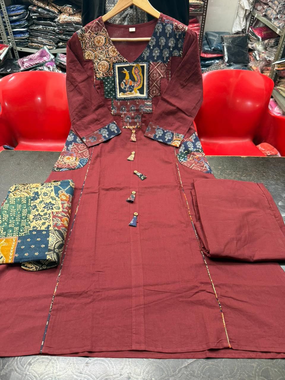 Women's Applique Work Cotton Kurta Pant & Printed Dupatta Ethnic Set