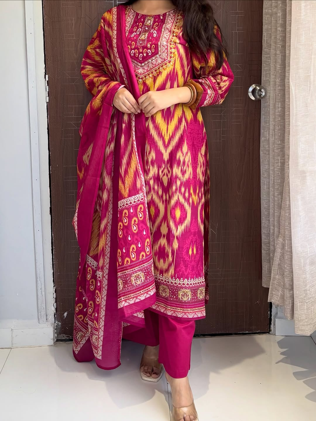 Women's Heavy Cotton Print Kurta Pant Dupatta Set Fully Stitched Ethnic Suit