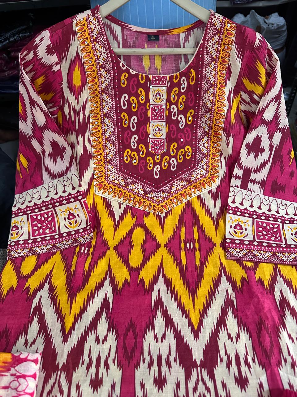 Women's Heavy Cotton Print Kurta Pant Dupatta Set Fully Stitched Ethnic Suit
