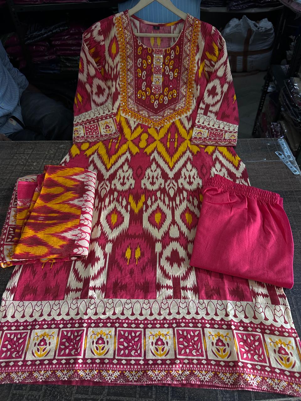 Women's Heavy Cotton Print Kurta Pant Dupatta Set Fully Stitched Ethnic Suit