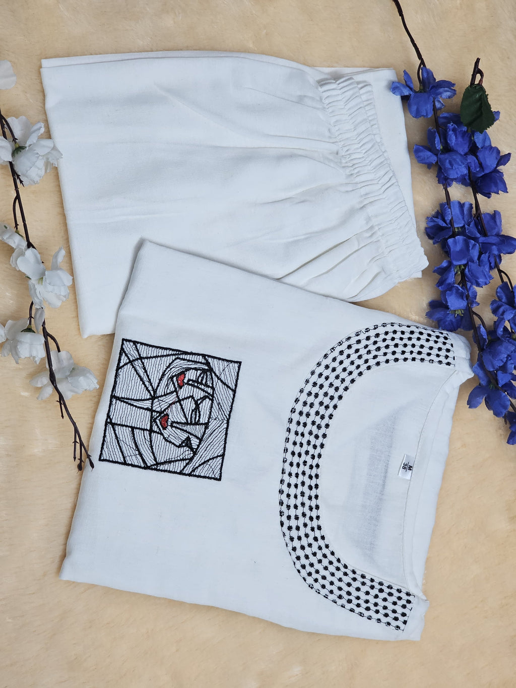 Stylish Cotton Flex Embroidered Coord Set  Casual Wear Top & Plazzo | White & Black | 2-Piece Set
