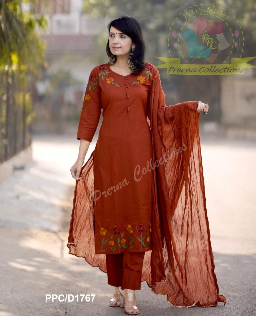 Graceful Embroidered Cotton Kurta Set with Gotta-Laced Dupatta and Straight Pants — Elegant Three-Piece Ensemble for Fes