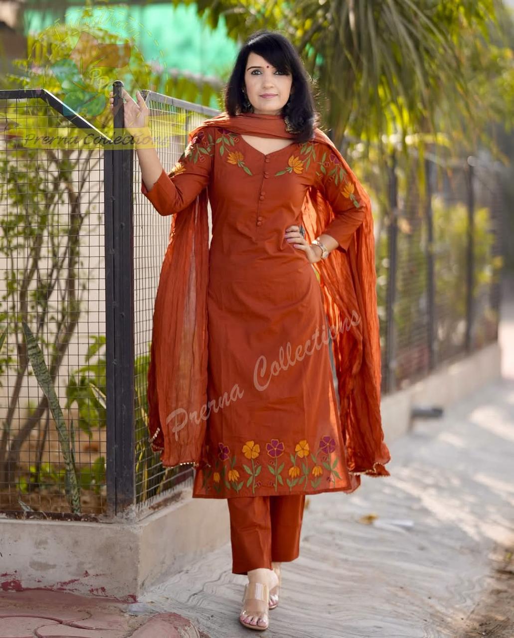 Graceful Embroidered Cotton Kurta Set with Gotta-Laced Dupatta and Straight Pants — Elegant Three-Piece Ensemble for Fes