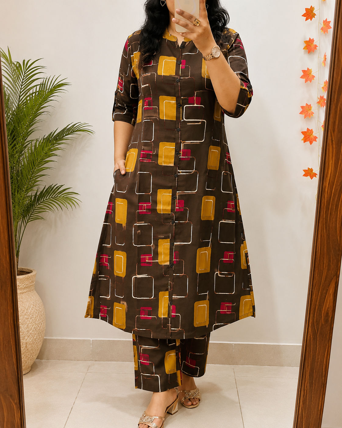 Premium Women's Pure Cotton Geometric Printed A-Line Co-ord Set with Palazzo Pants