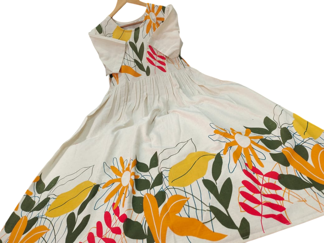 Beautiful Floral Print Beige Cotton Flex Midi Kurti For Women