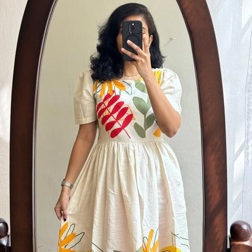 Beautiful Floral Print Beige Cotton Flex Midi Kurti For Women