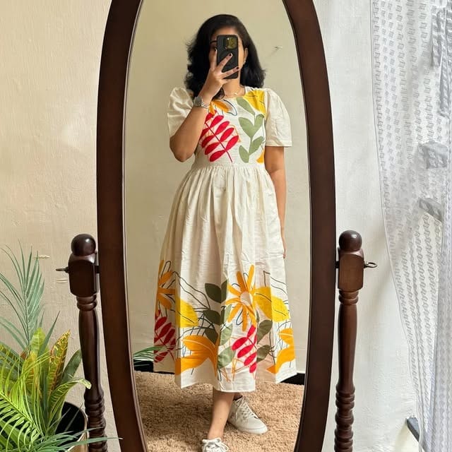 Beautiful Floral Print Beige Cotton Flex Midi Kurti For Women