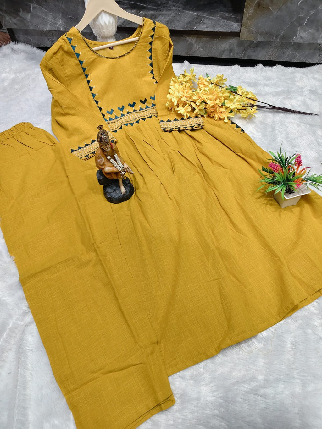 Premium Women's Cotton Slub Embroidered A-Line Kurta Pant Set