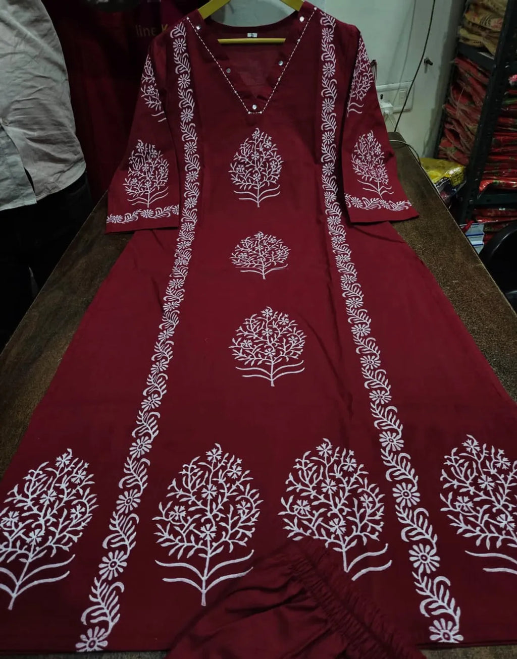 Designer Cotton Kurti Pant Set with Hand Block Print and Mirror Detailing — Elegant Two-Piece Ensemble for Festive and Everyday Wear