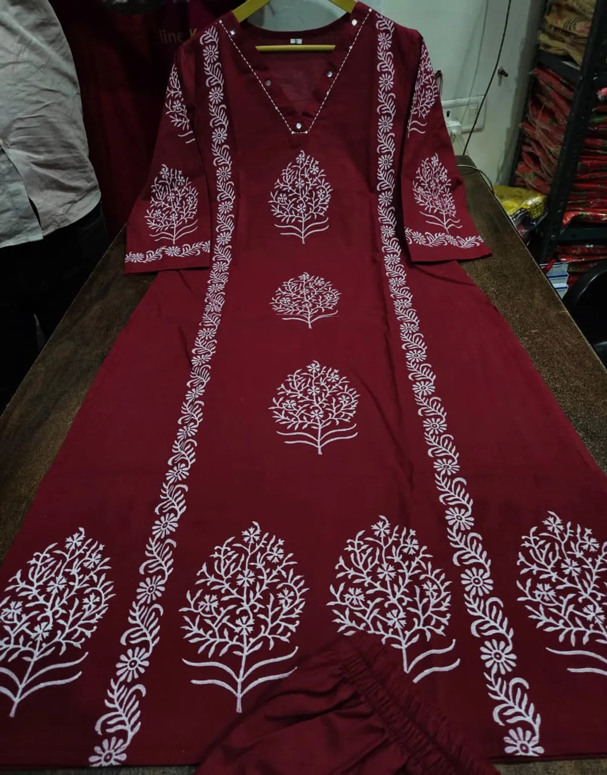 Designer Cotton Kurti Pant Set with Hand Block Print and Mirror Detailing — Elegant Two-Piece Ensemble for Festive and Everyday Wear