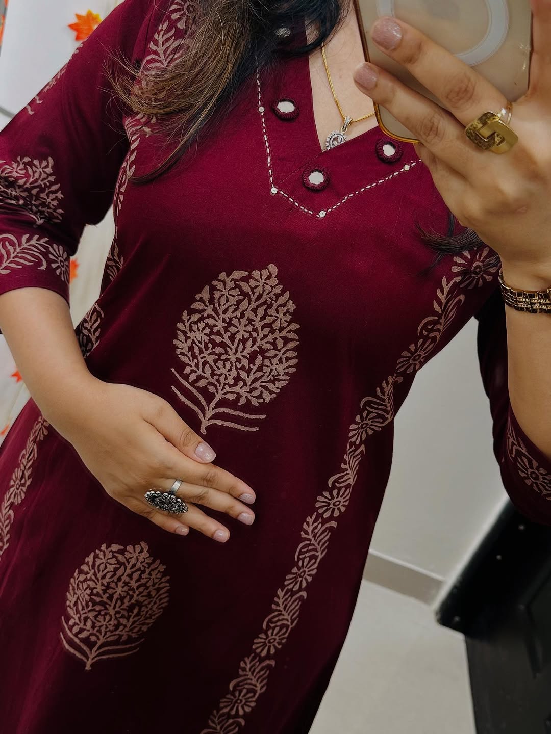 Designer Cotton Kurti Pant Set with Hand Block Print and Mirror Detailing — Elegant Two-Piece Ensemble for Festive and Everyday Wear