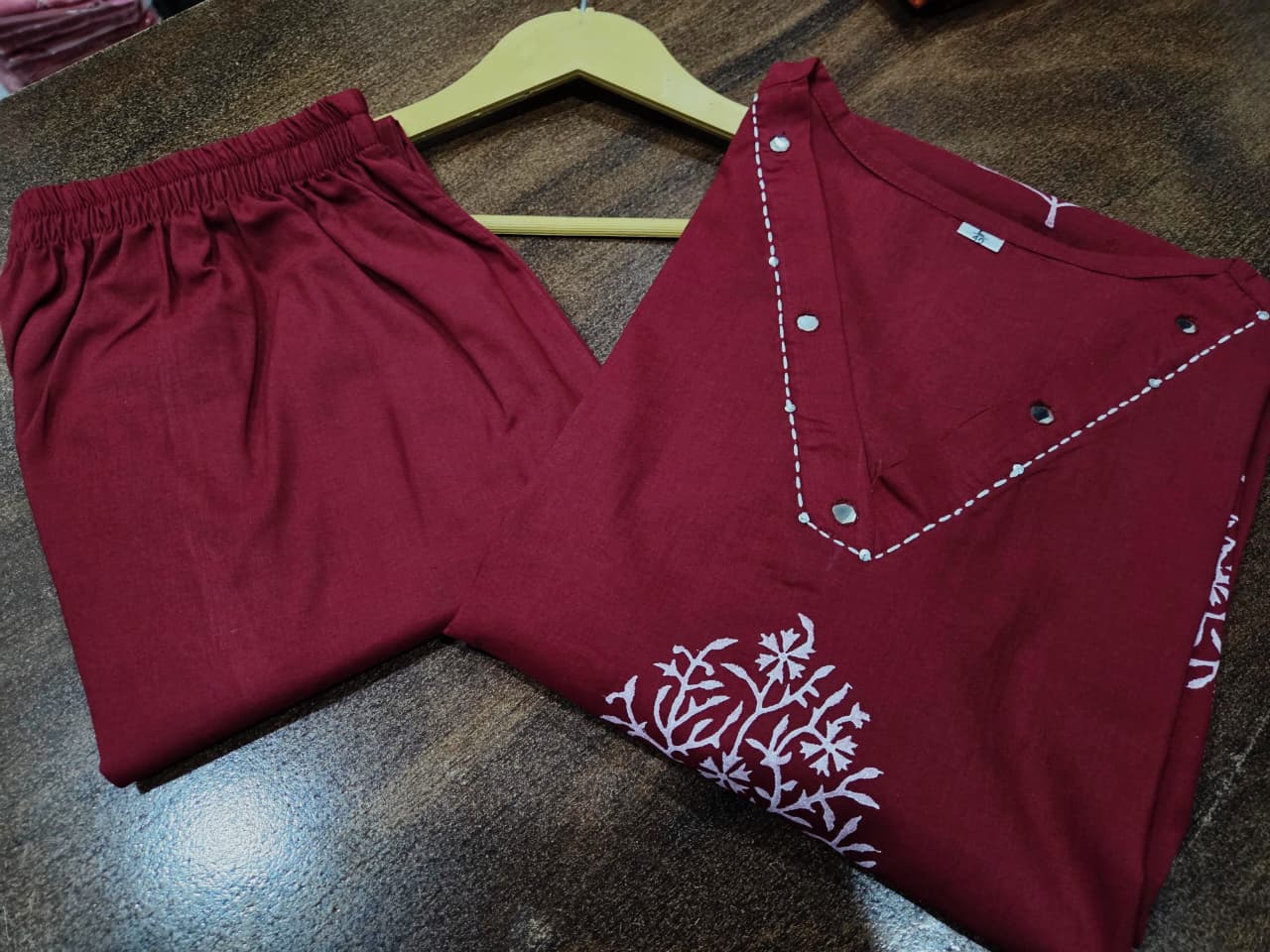 Designer Cotton Kurti Pant Set with Hand Block Print and Mirror Detailing — Elegant Two-Piece Ensemble for Festive and Everyday Wear