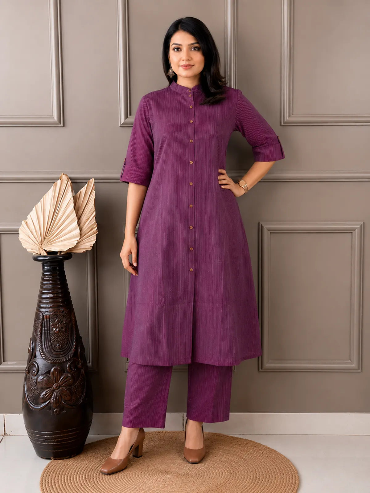 Women's A-Line Cotton Kurti Palazzo Set with Katha Work