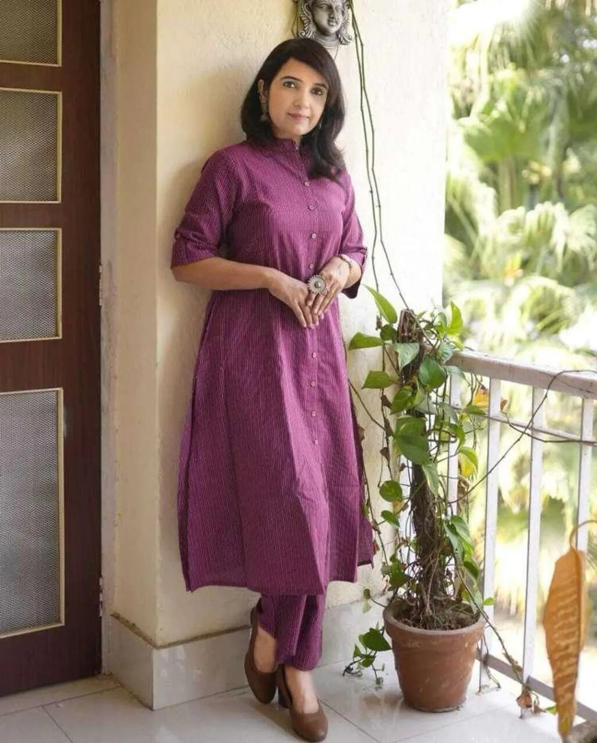 Women's A-Line Cotton Kurti Palazzo Set with Katha Work
