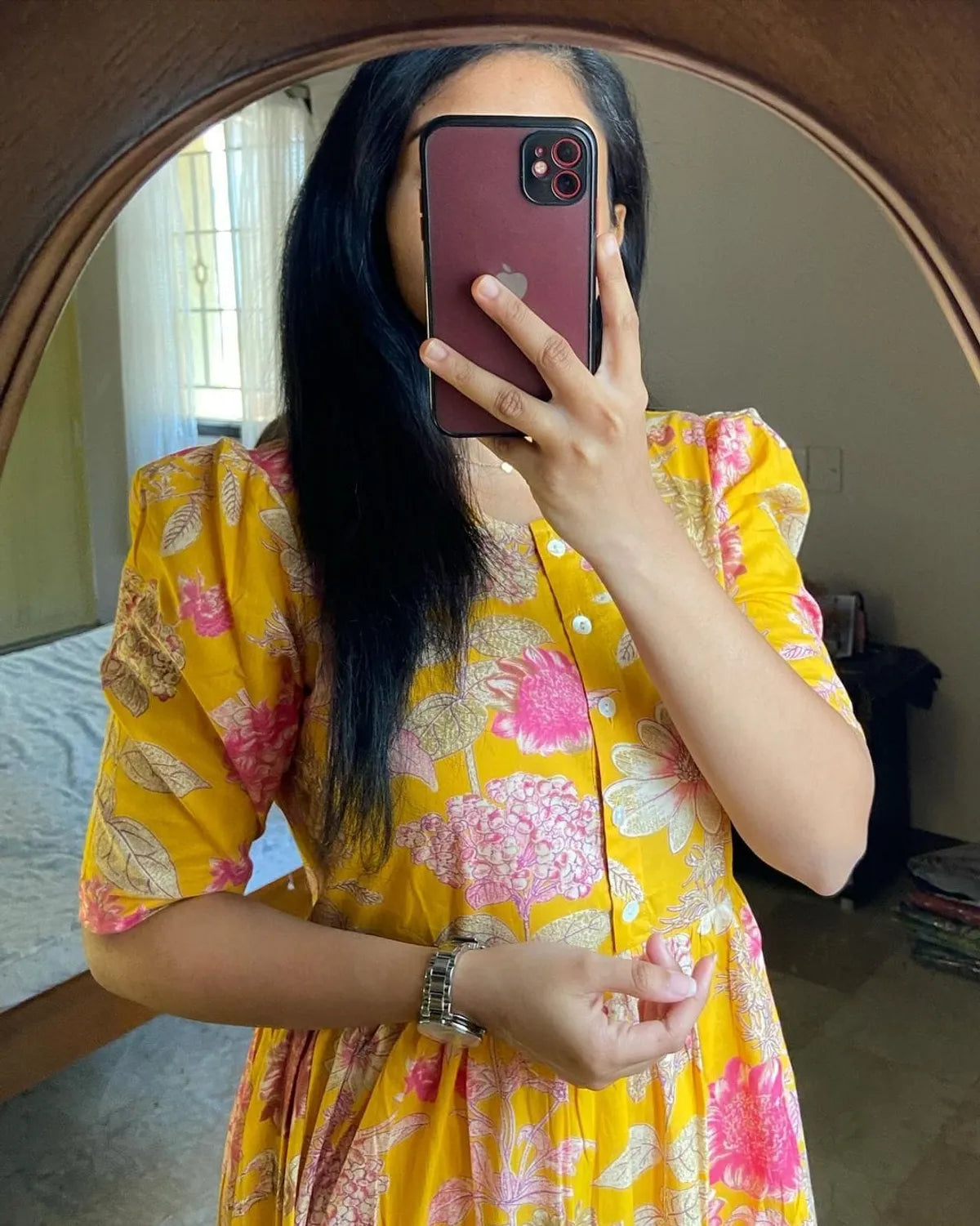 Beautiful Yellow Cotton Midi Kurti with Floral Print and Puff Sleeves