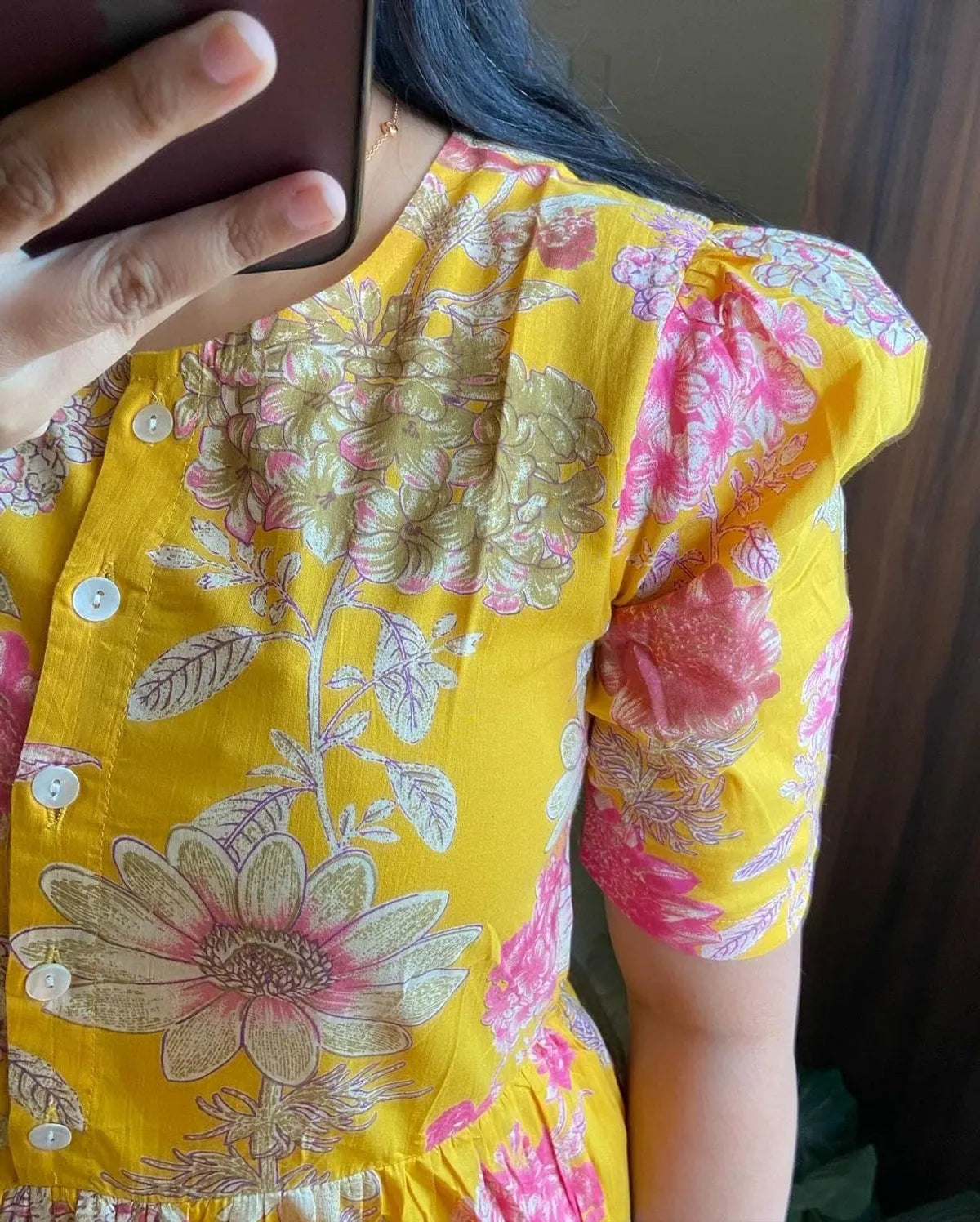 Beautiful Yellow Cotton Midi Kurti with Floral Print and Puff Sleeves