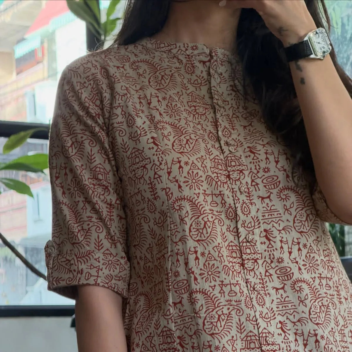 Dashing Warli printed cotton A-line kurta palazzo set with contemporary ethnic styling