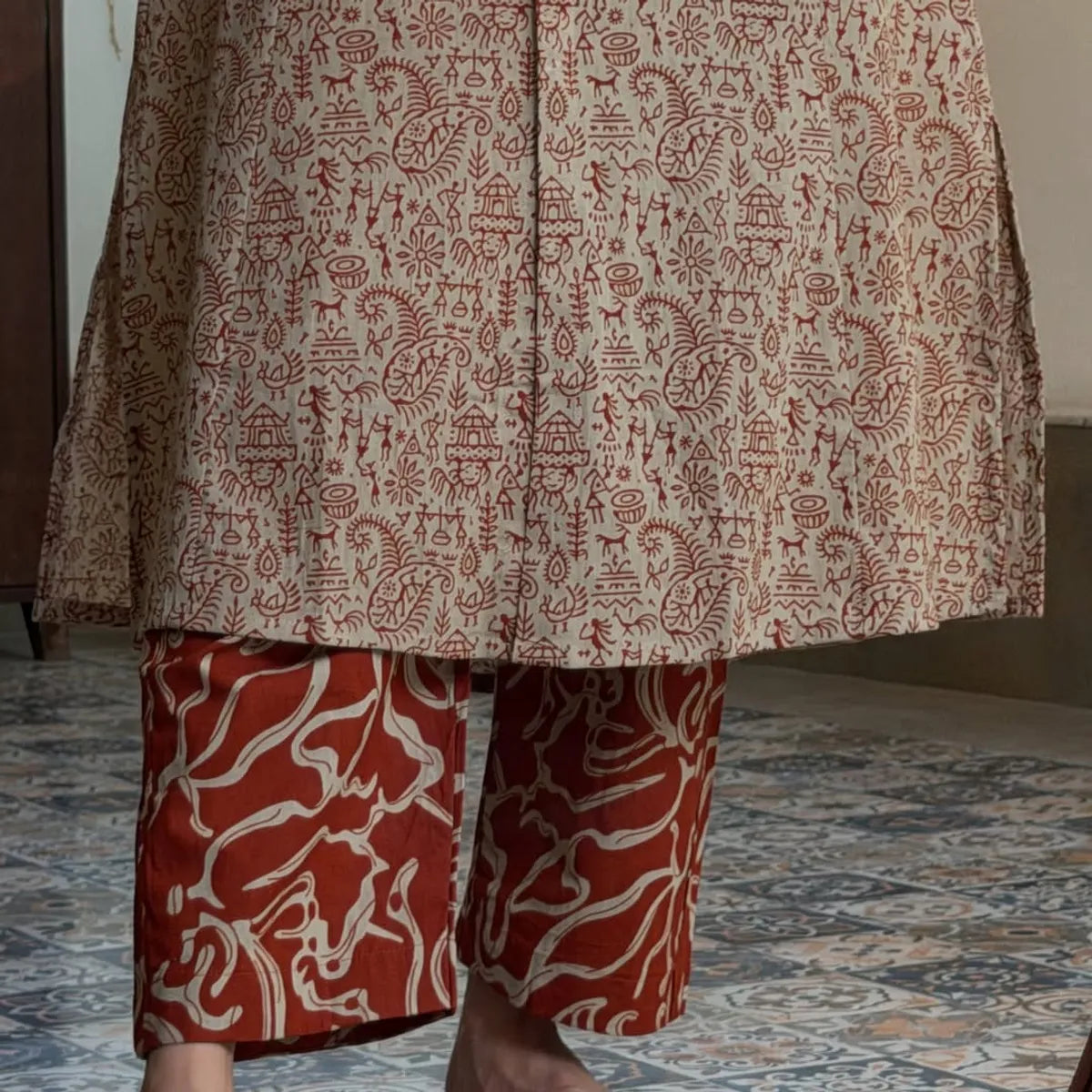 Dashing Warli printed cotton A-line kurta palazzo set with contemporary ethnic styling