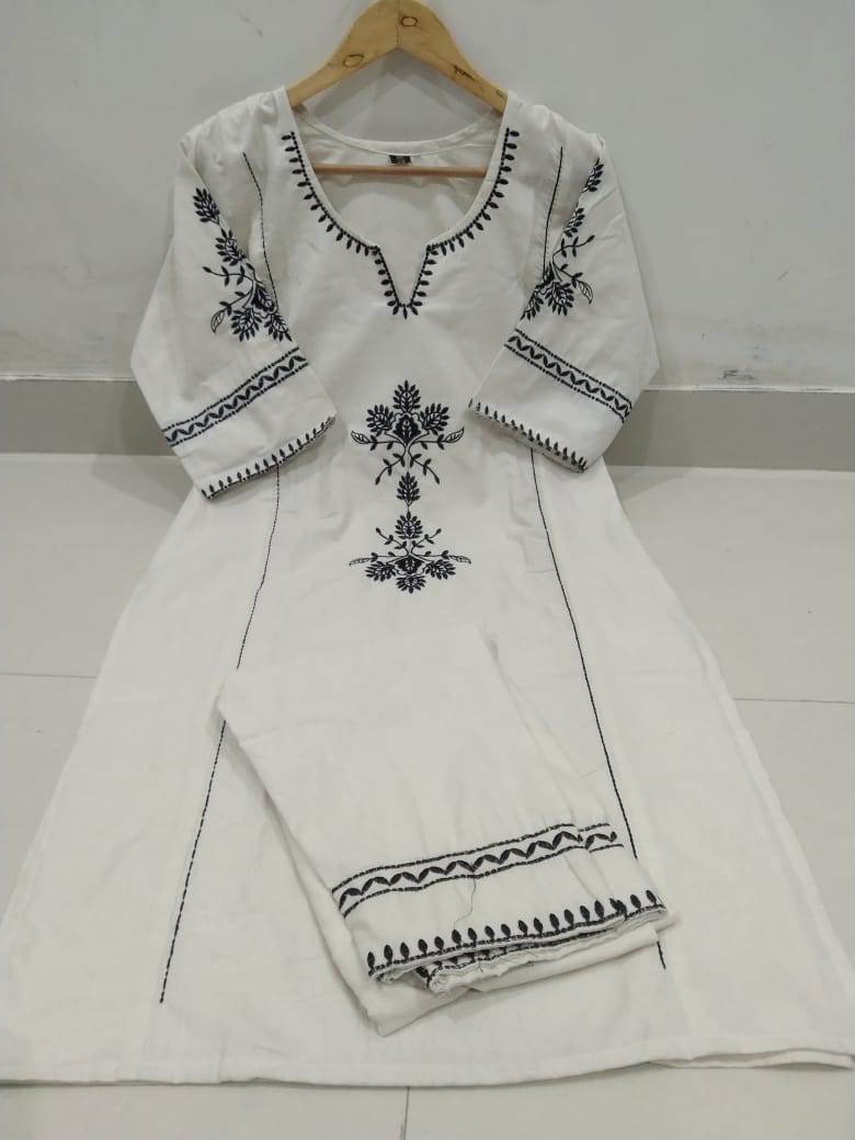 Elegant Breathable khadi cotton Embroidered Kurti Pant Set | M to XXL