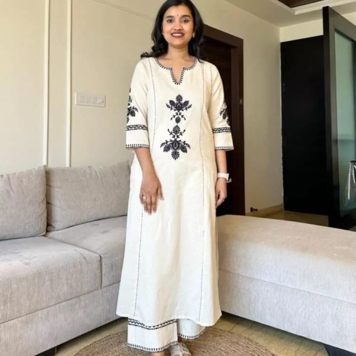 Elegant Breathable khadi cotton Embroidered Kurti Pant Set | M to XXL