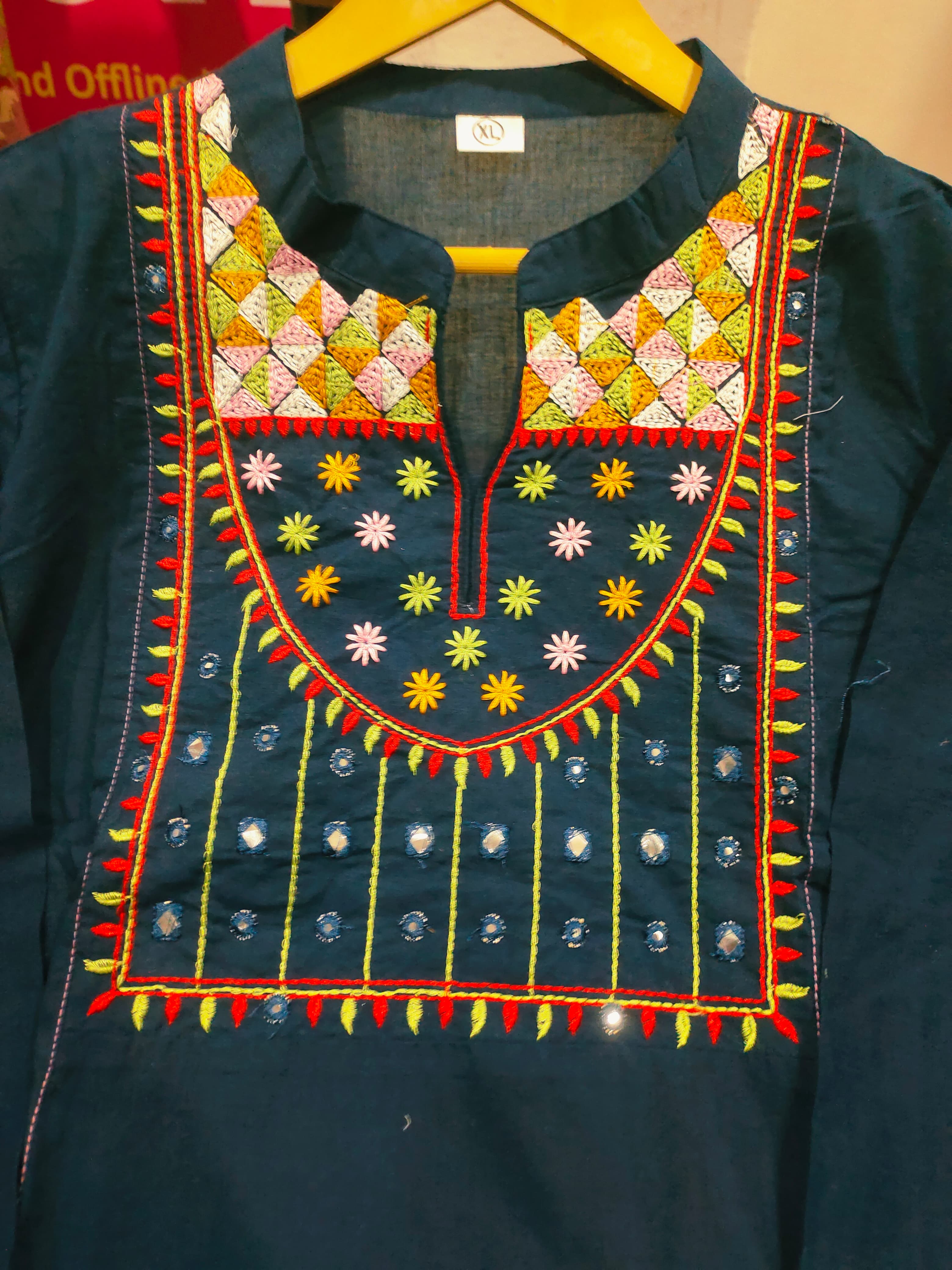 Women Cotton Embroidered Mirror Work Kurta Pant Dupatta Set