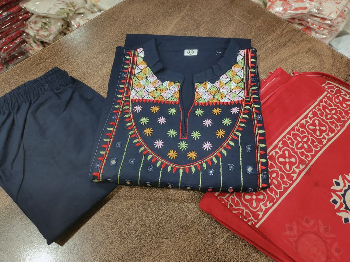 Women Cotton Embroidered Mirror Work Kurta Pant Dupatta Set