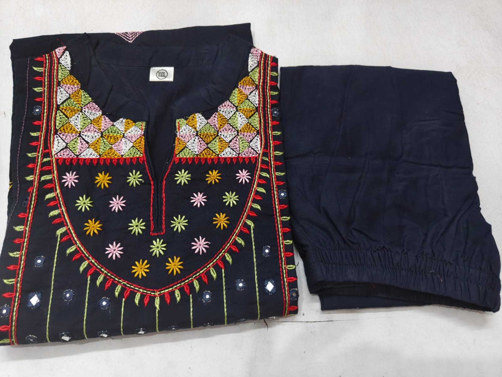 Women Cotton Embroidered Mirror Work Kurta Pant Dupatta Set
