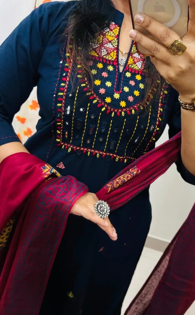 Women Cotton Embroidered Mirror Work Kurta Pant Dupatta Set