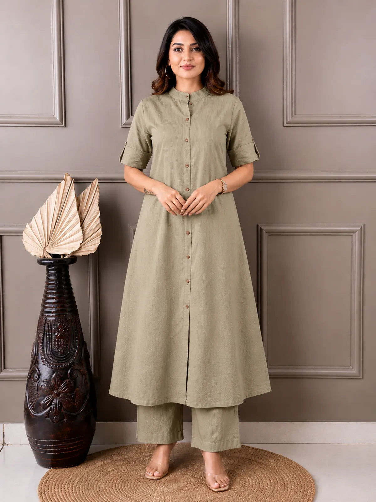Women's A-Line Cotton Kurti Palazzo Set with Katha Work