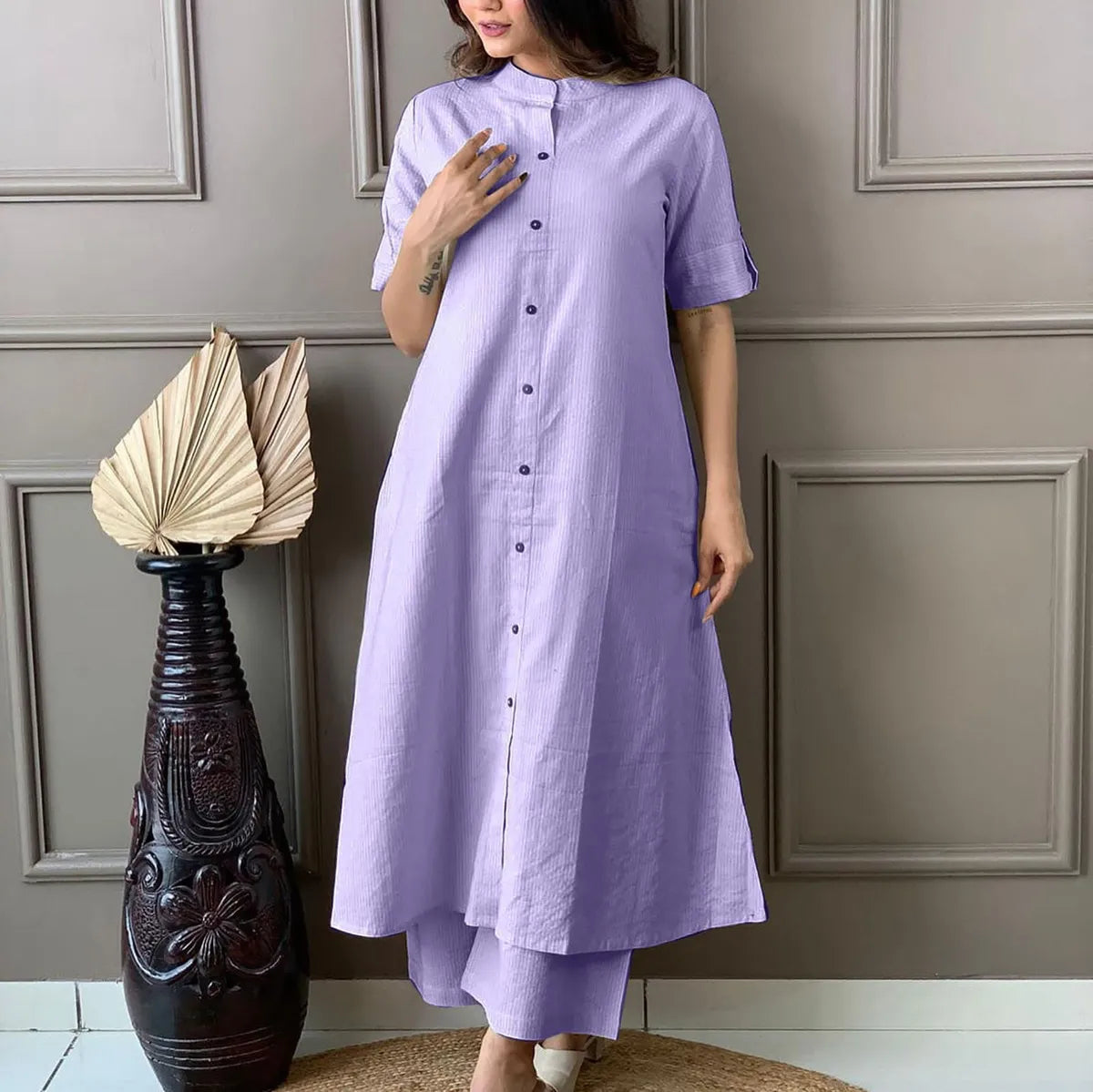 Women's A-Line Cotton Kurti Palazzo Set with Katha Work