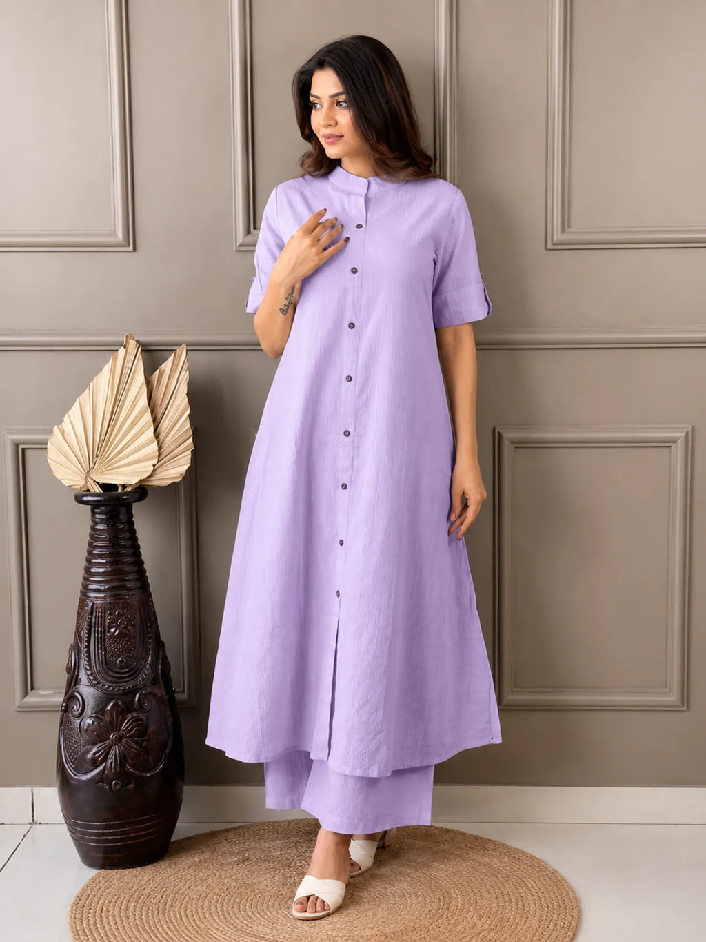 Women's A-Line Cotton Kurti Palazzo Set with Katha Work