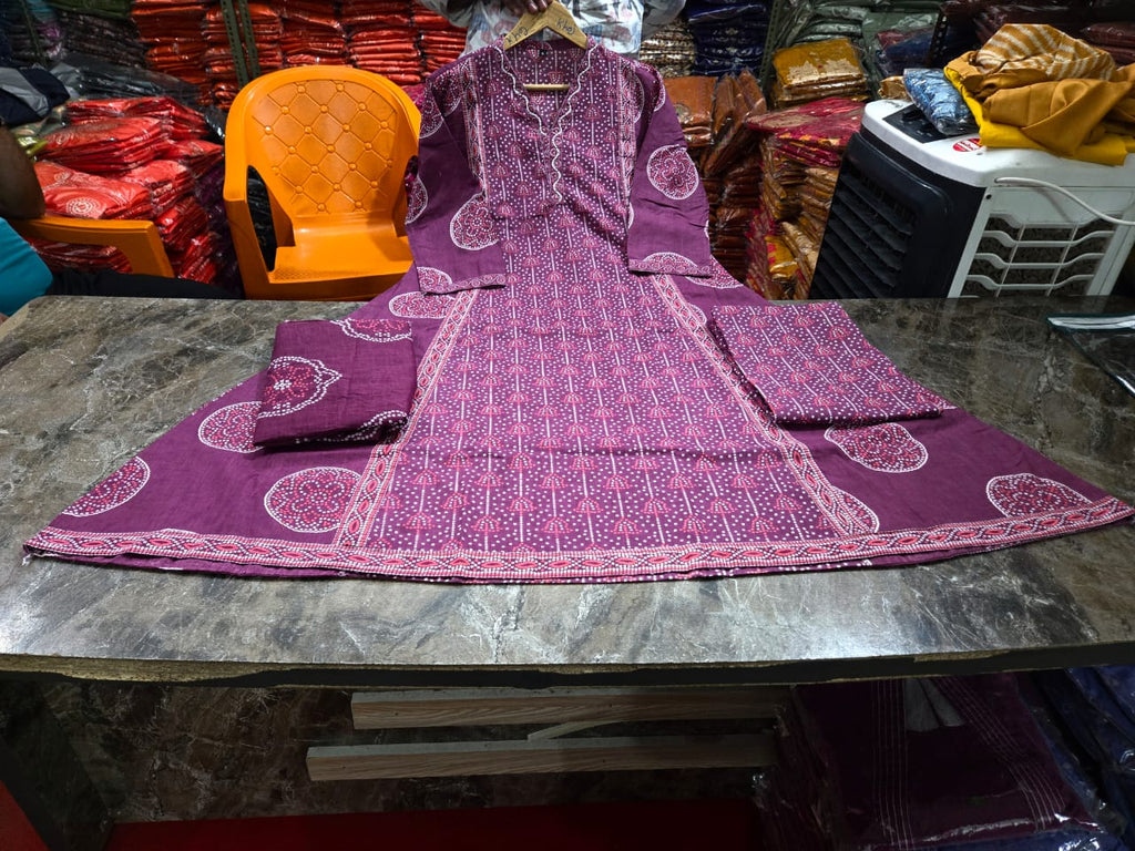 Hand Block Printed Cotton A-Line Plazo Set with Dupatta — Three-Piece Ensemble Featuring Hand Work and Lace Detailing