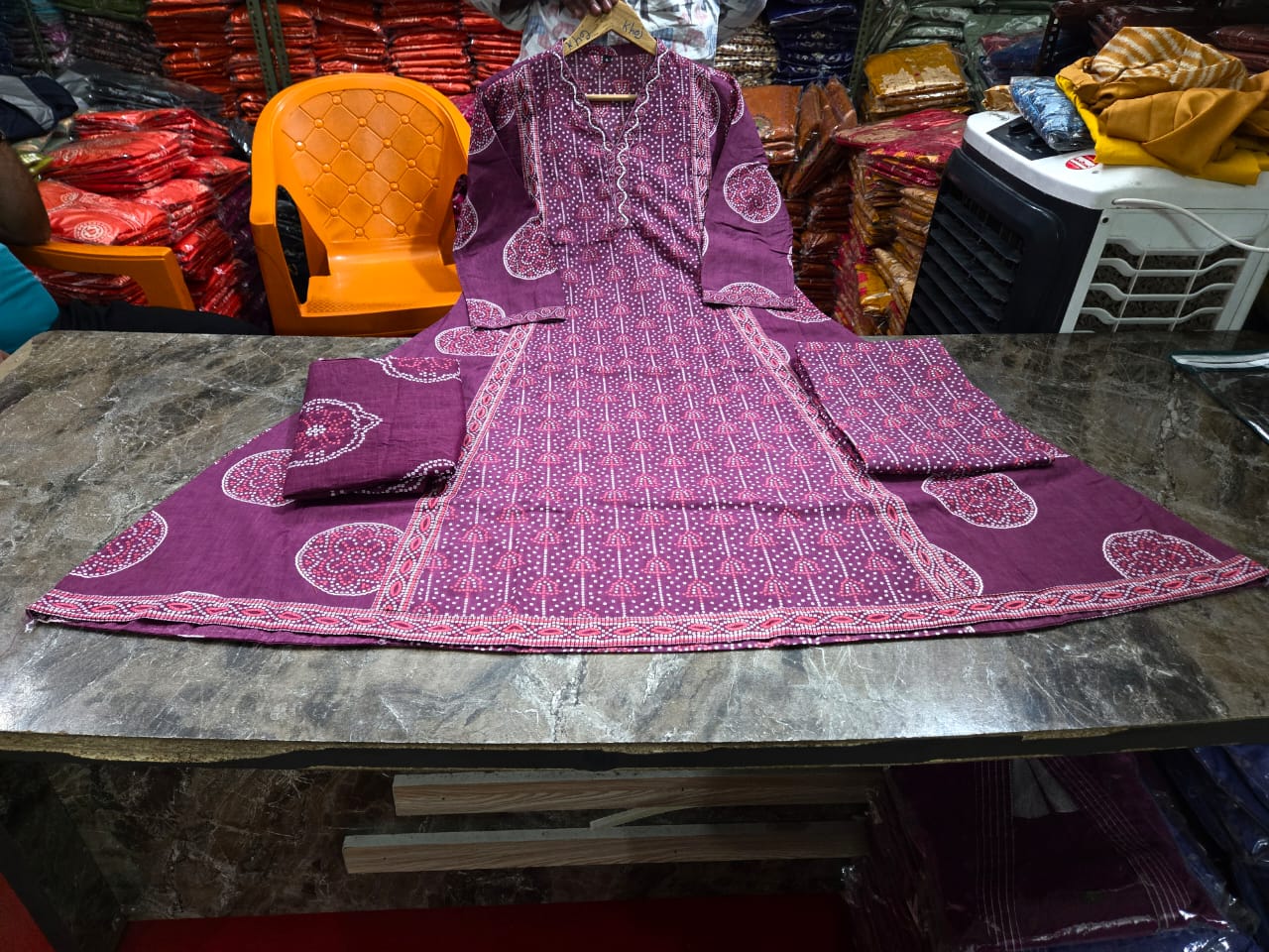 Hand Block Printed Cotton A-Line Plazo Set with Dupatta — Three-Piece Ensemble Featuring Hand Work and Lace Detailing