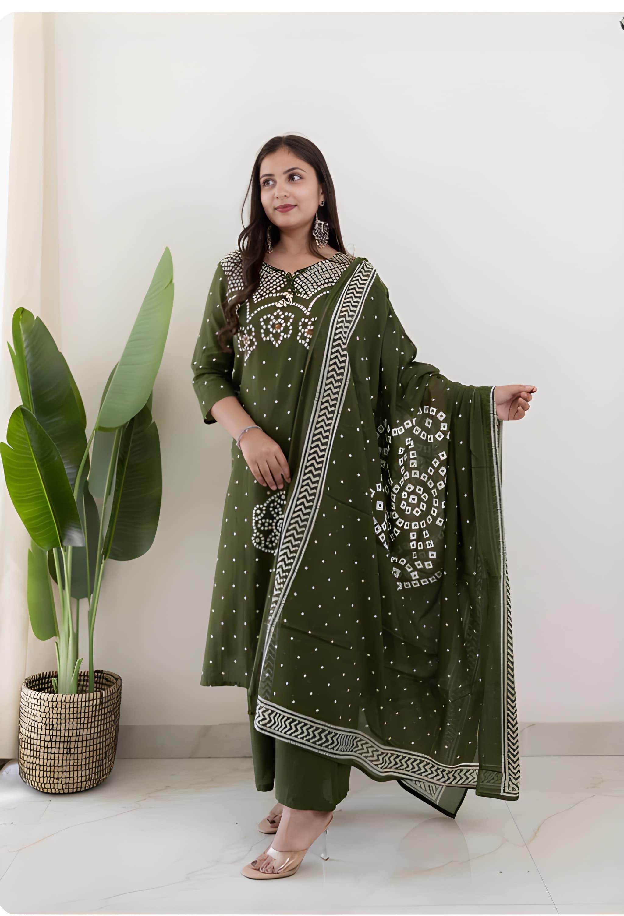 Women Premium Cotton Bandhani Print Kurta Pant Dupatta Set with Mirror and Kodi Work