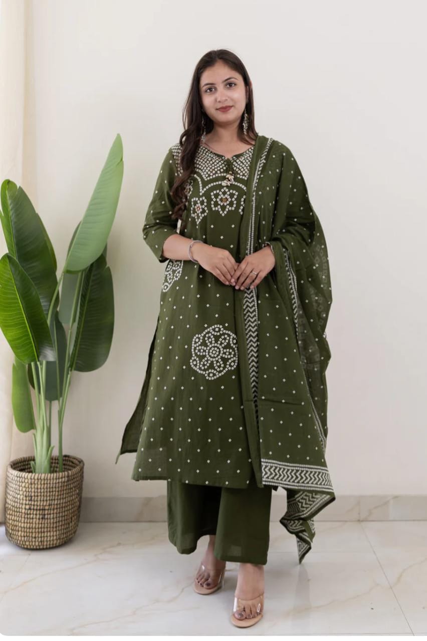 Women Premium Cotton Bandhani Print Kurta Pant Dupatta Set with Mirror and Kodi Work