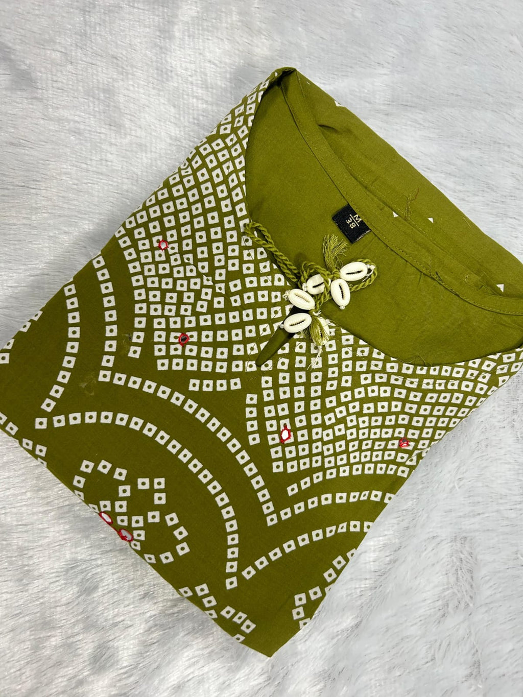 Women Premium Cotton Bandhani Print Kurta Pant Dupatta Set with Mirror and Kodi Work