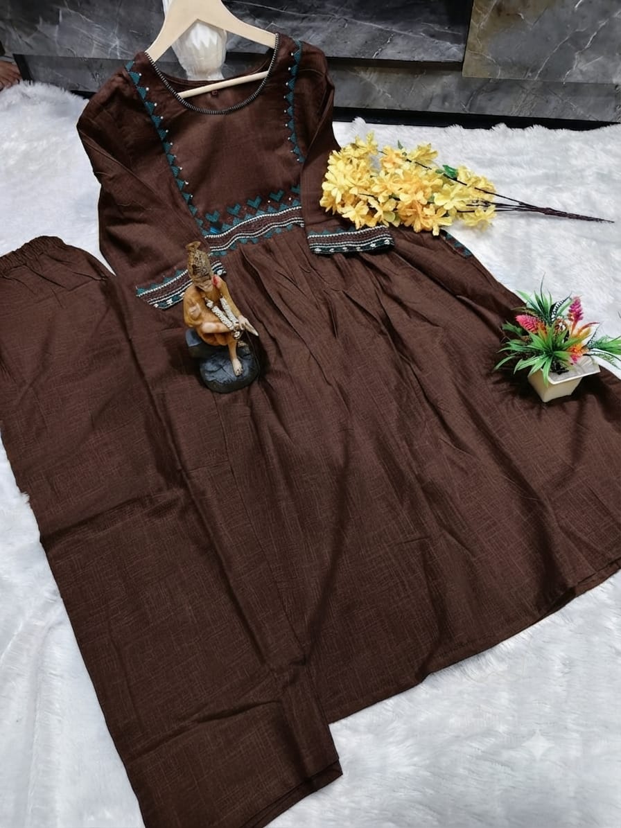 Premium Women's Cotton Slub Embroidered A-Line Kurta Pant Set