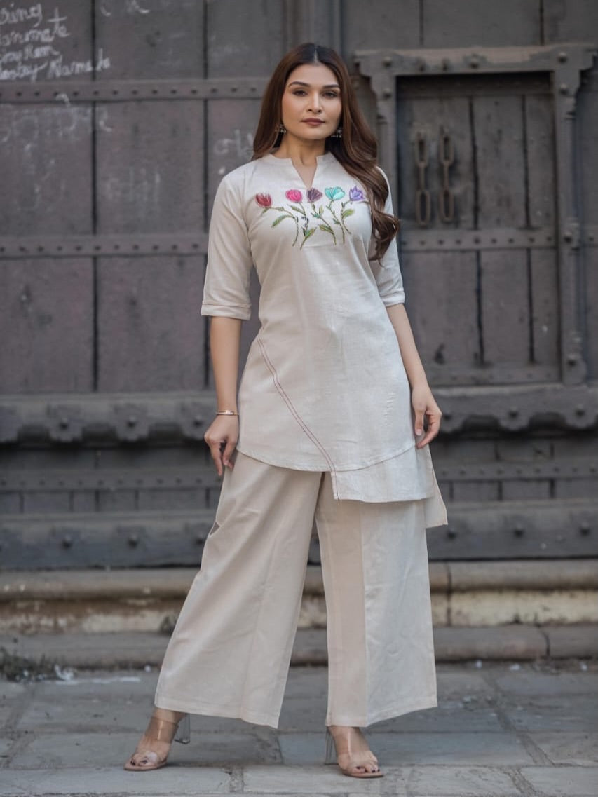 Women Premium Cotton Slub Kurta Set with Palazzo Embroidered Front Straight Ethnic Co-Ord Set