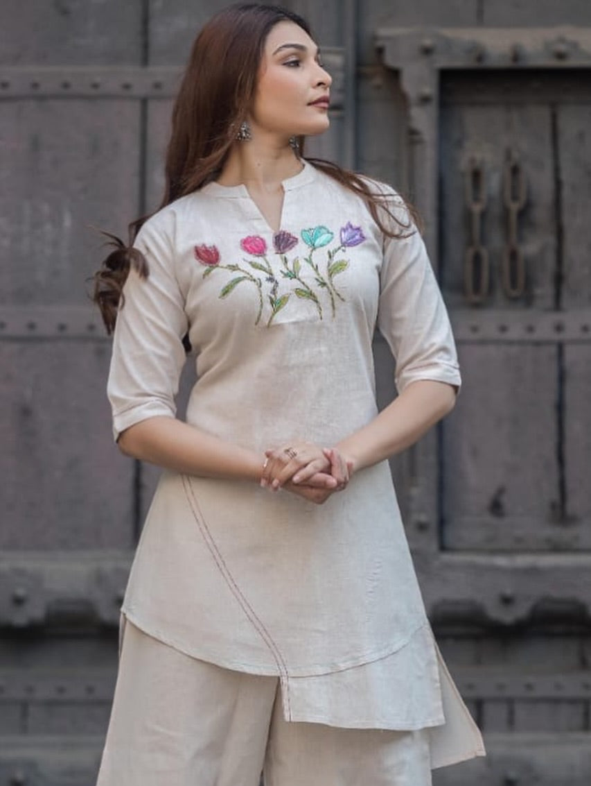 Women Premium Cotton Slub Kurta Set with Palazzo Embroidered Front Straight Ethnic Co-Ord Set