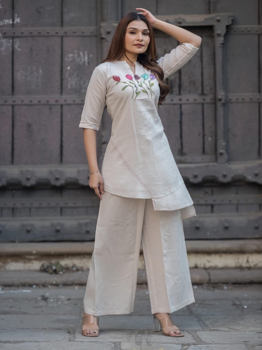 Women Premium Cotton Slub Kurta Set with Palazzo Embroidered Front Straight Ethnic Co-Ord Set
