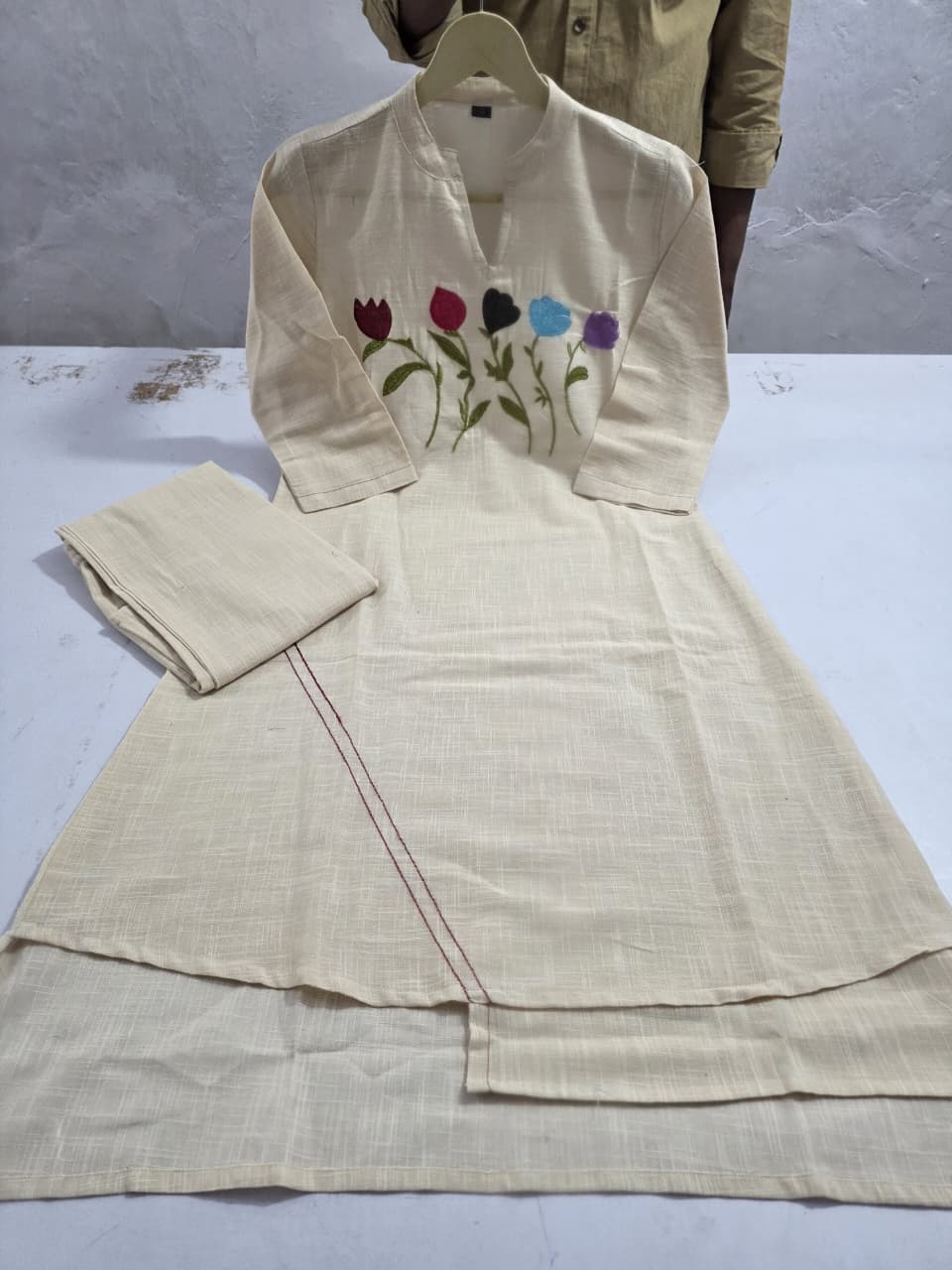 Women Premium Cotton Slub Kurta Set with Palazzo Embroidered Front Straight Ethnic Co-Ord Set