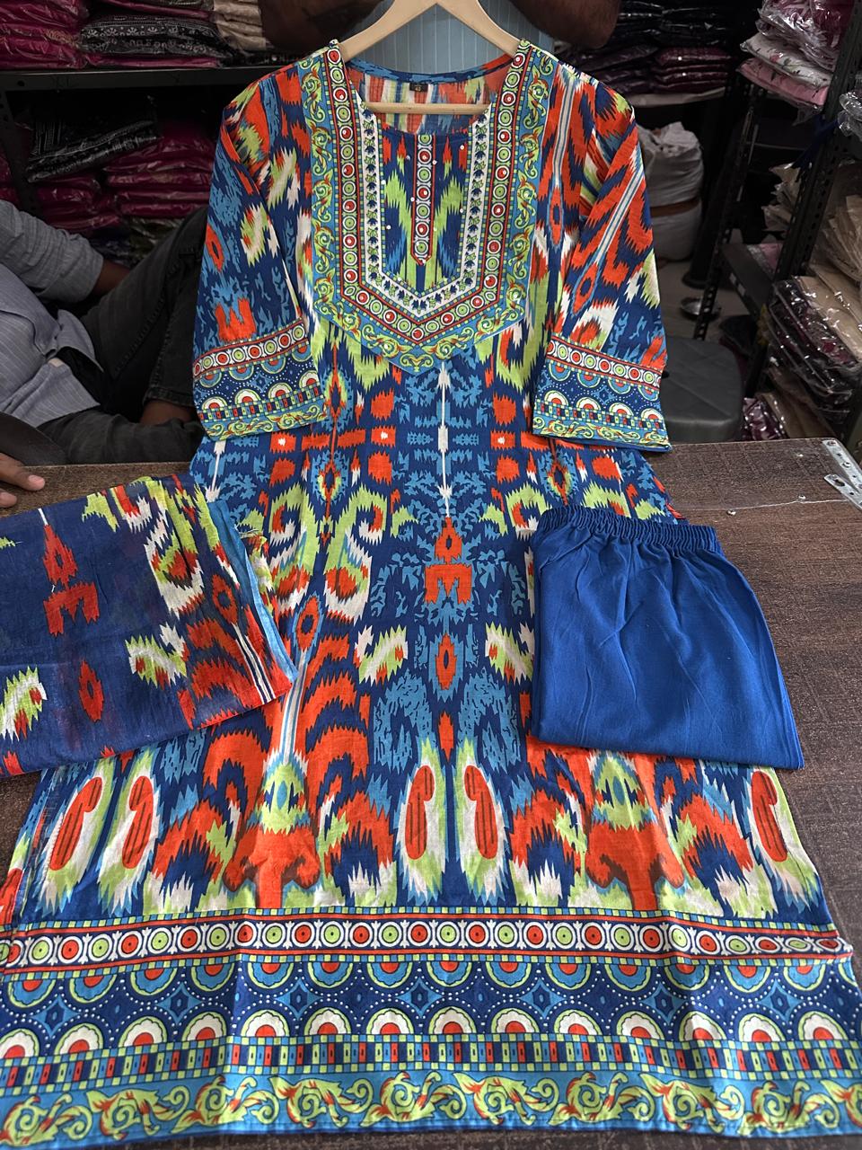 Women's Heavy Cotton Print Kurta Pant Dupatta Set Fully Stitched Ethnic Suit