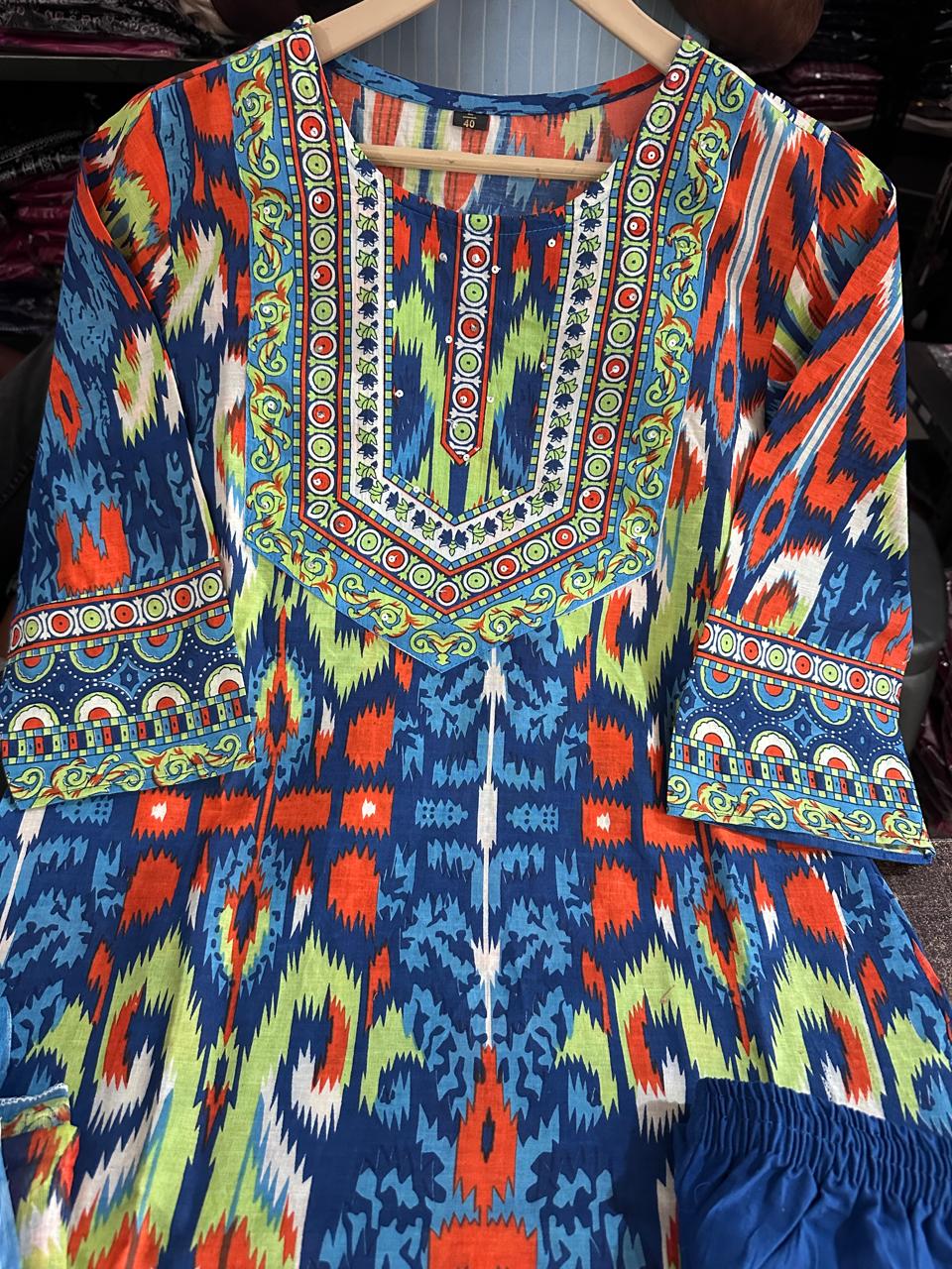 Women's Heavy Cotton Print Kurta Pant Dupatta Set Fully Stitched Ethnic Suit